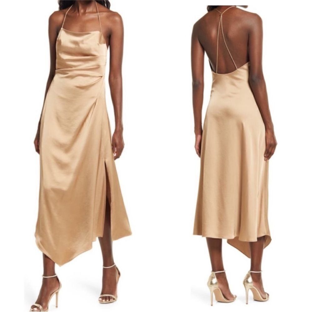Gold Satin Slip Midi Dress with Cowl Neck